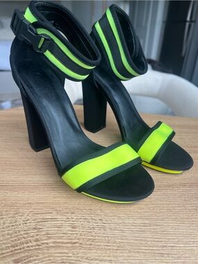 Forever 21 Black and Neon Yellow Block Heel Ankle-Strap Sandals